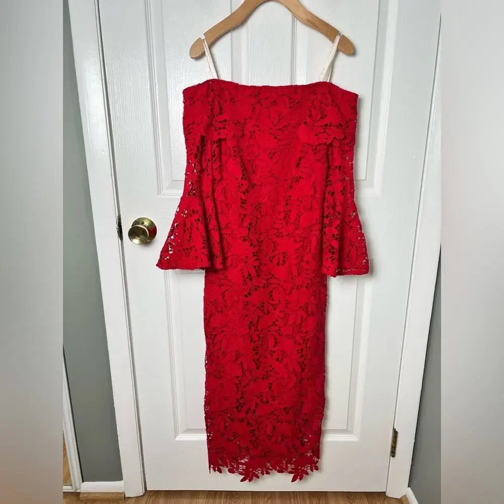 Shoshana Red Off The Shoulder Lace Harrison Sheath Tea Midi Length Dress 4